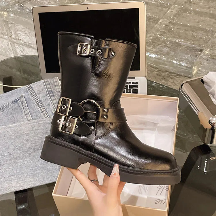 Solid colour thick-soled Martin boots for women in black, artificial PU upper, British style, sizes 35-40