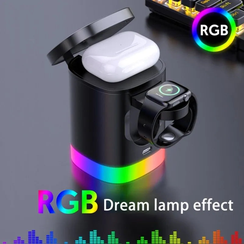 Black foldable 3-in-1 magnetic wireless charging station with RGB lighting charging iPhone, Apple Watch, and AirPods