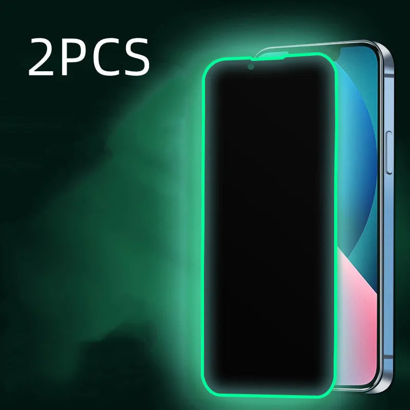 Tempered glass iPhone screen protector with luminous silicone soft edge, HD or privacy film, and locator