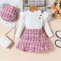 Girls plaid three-piece skirt suit with long sleeve top, fishtail skirt and hat in pink or black, cotton summer set