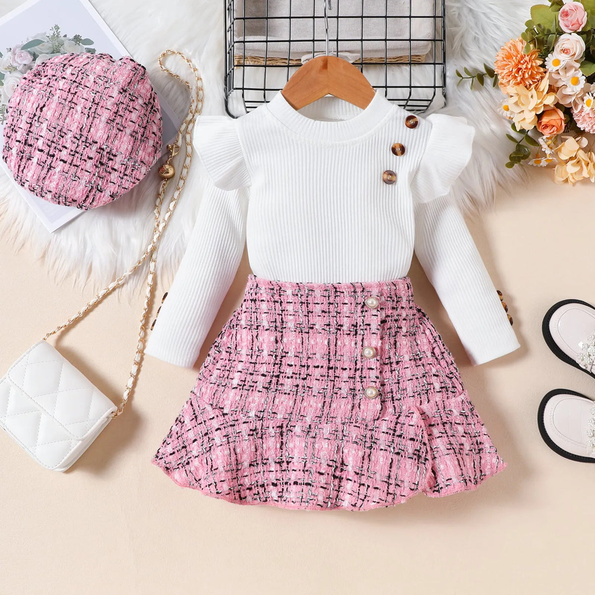 Girls plaid three-piece skirt suit with long sleeve top, fishtail skirt and hat in pink or black, cotton summer set