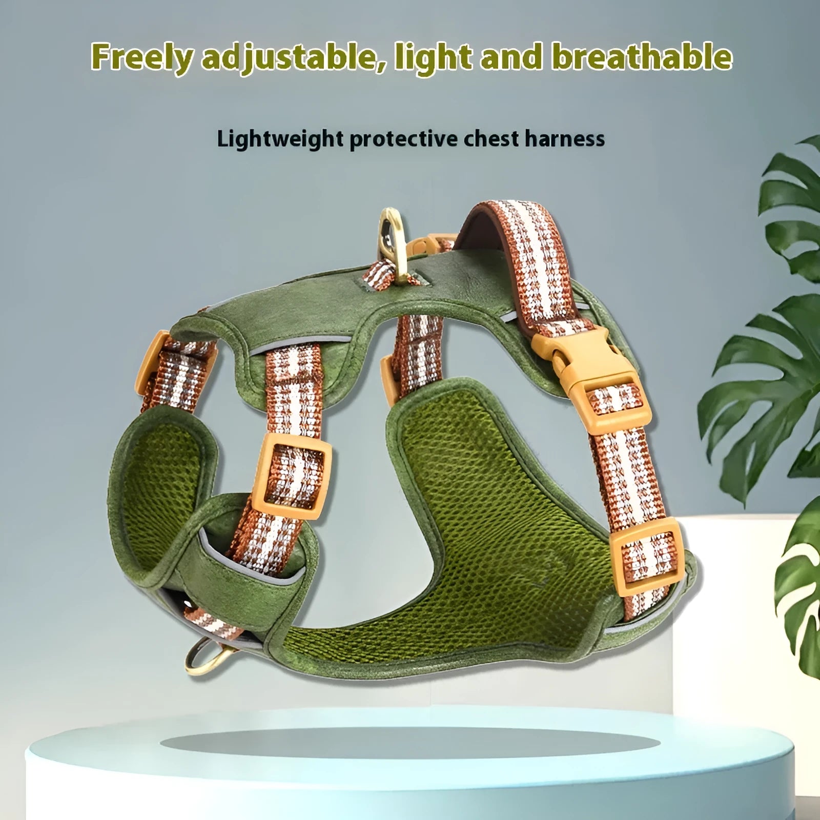 Brown leather explosion-proof reflective pet harness for dogs with chest strap design
