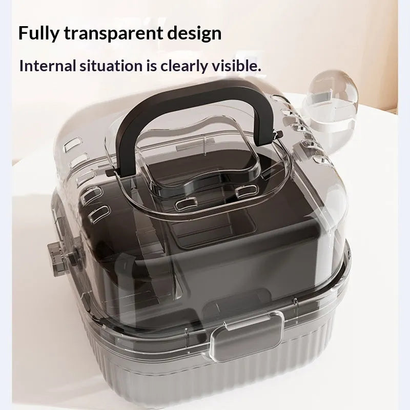 Transparent plastic outdoor hamster portable travel cage with platform water dispenser running wheel on a flat surface