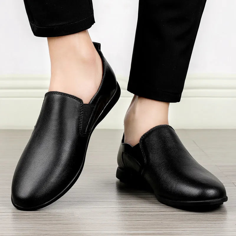 Men's black leather business shoes with round toe and breathable design