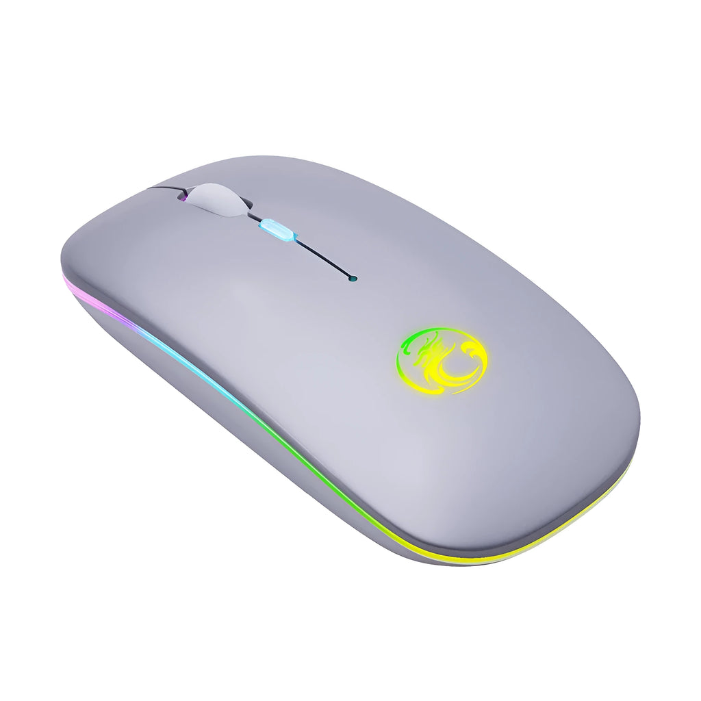 Black or white luminous charging dual-mode silent wireless mouse on a desk next to a laptop, showing its compact 112x57x25mm size.