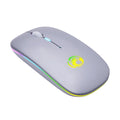 Black or white luminous charging dual-mode silent wireless mouse on a desk next to a laptop, showing its compact 112x57x25mm size.