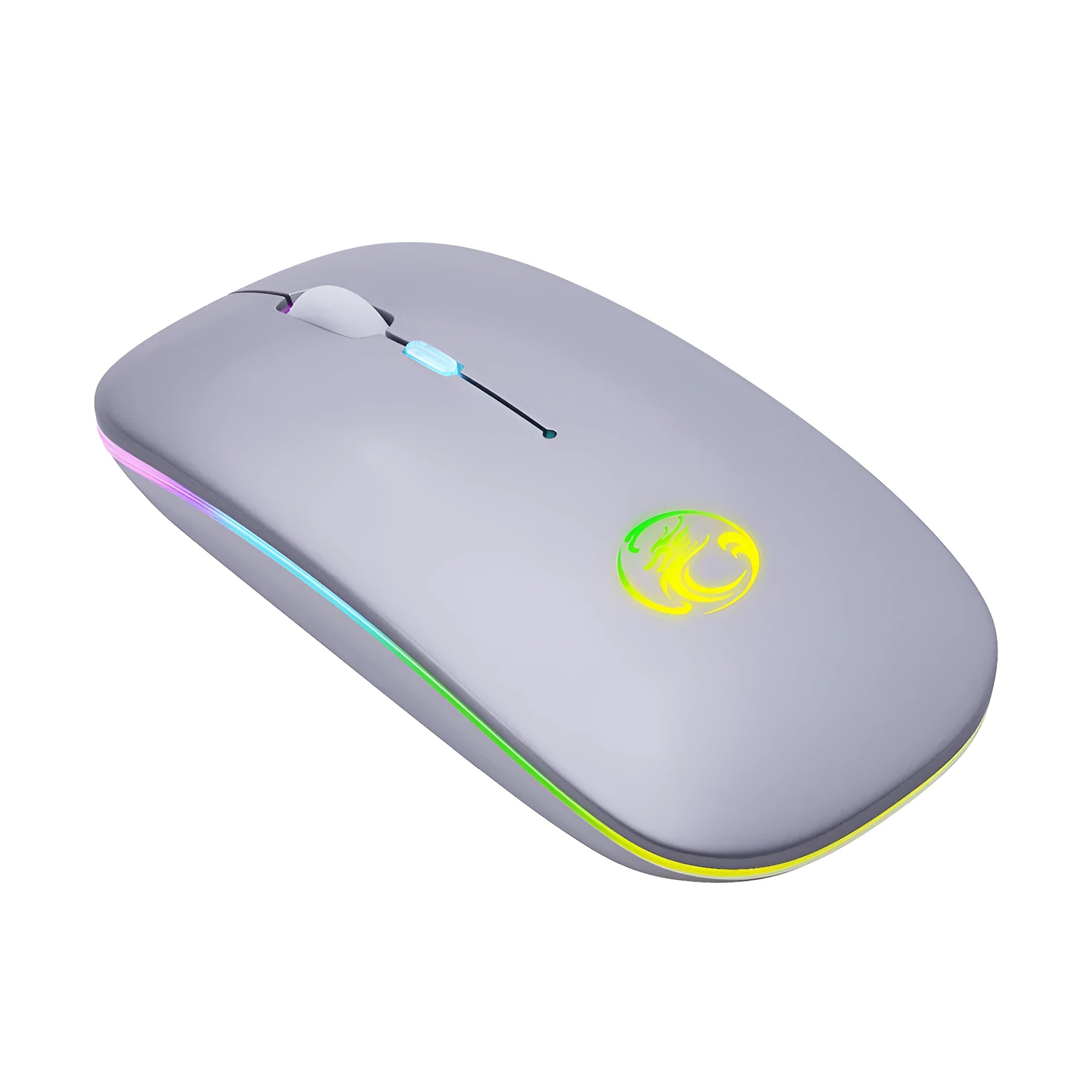 Black or white luminous charging dual-mode silent wireless mouse on a desk next to a laptop, showing its compact 112x57x25mm size.