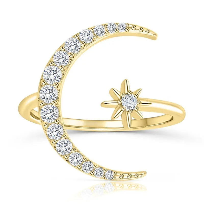 S925 sterling silver star moon adjustable opening ring for women in gold colour