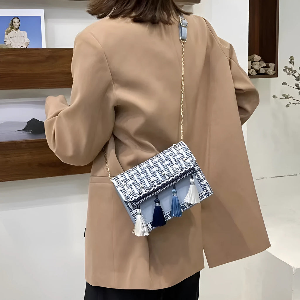 Ethnic-style PU shoulder bag with horizontal square shape, polyester lining, shown in blue, black or beige