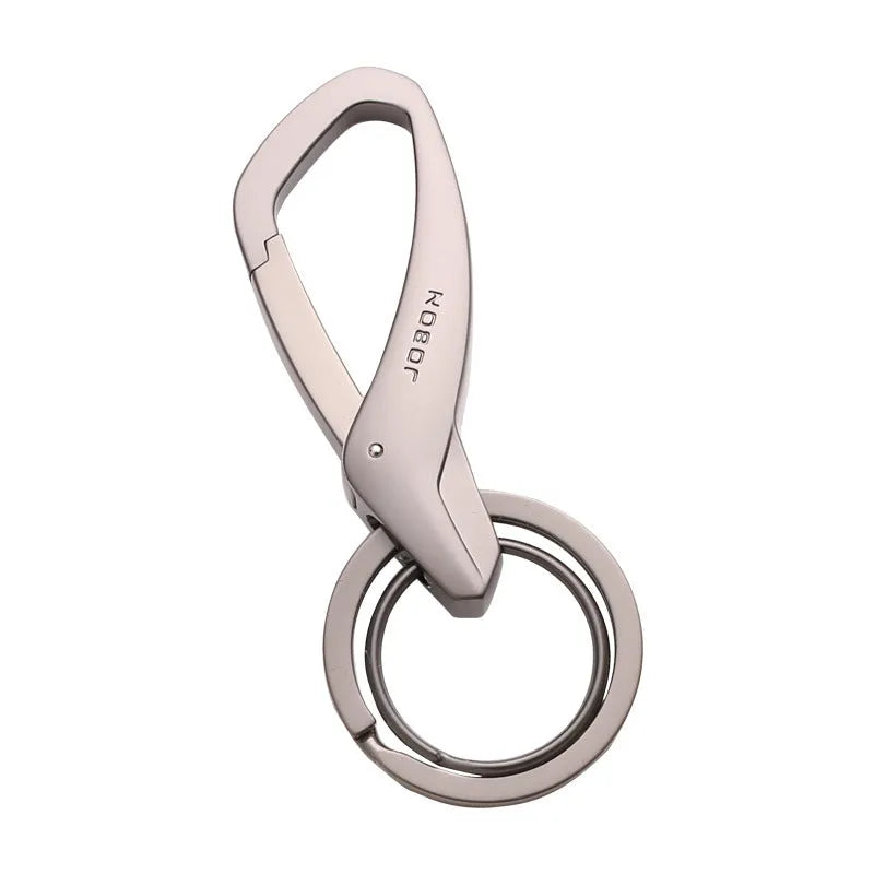 A black zinc alloy double-ring key chain holding a set of keys against a neutral background.