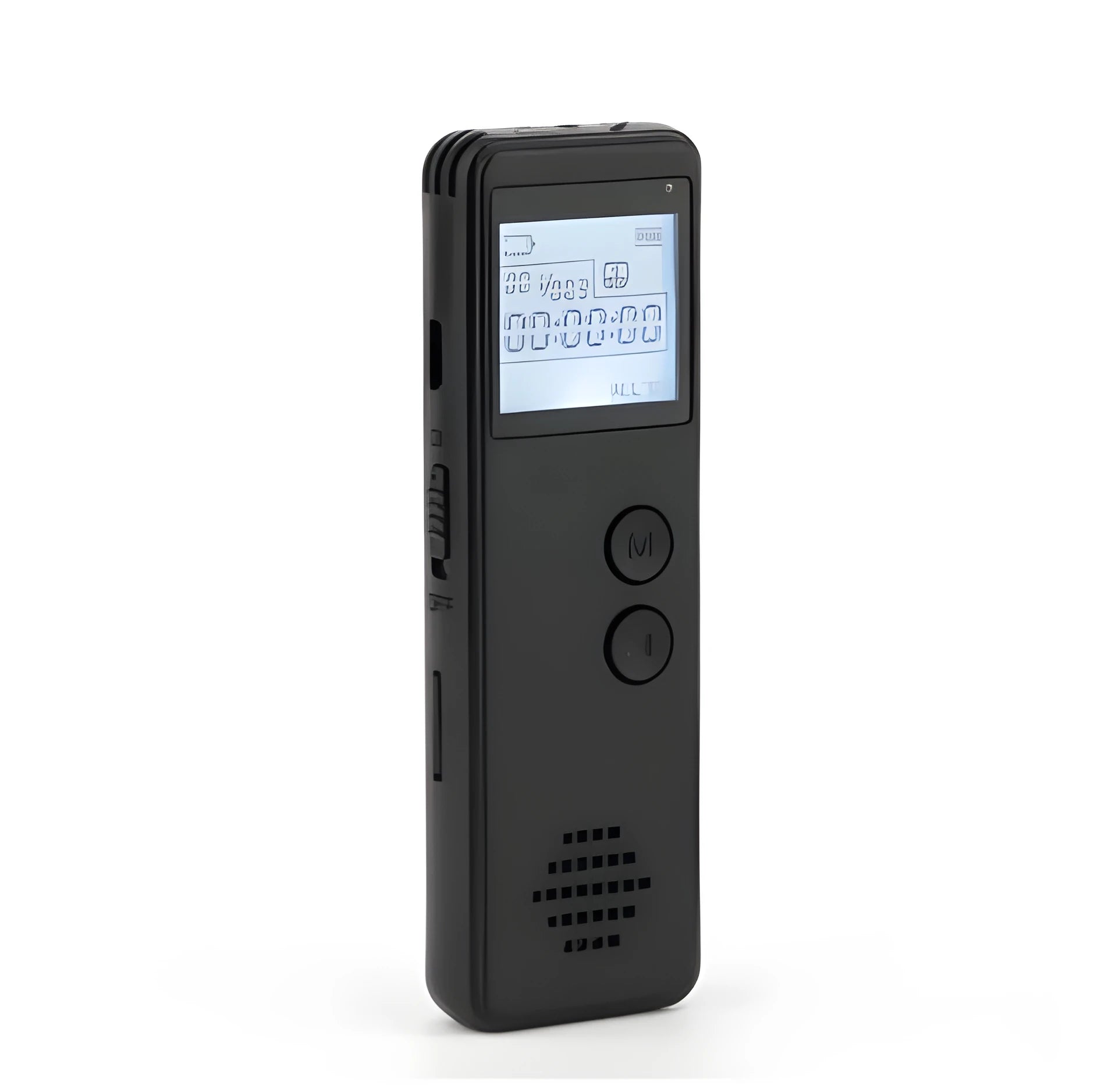 Black matte-finish digital voice recorder with backlit screen showing recording time, placed next to a memory card.