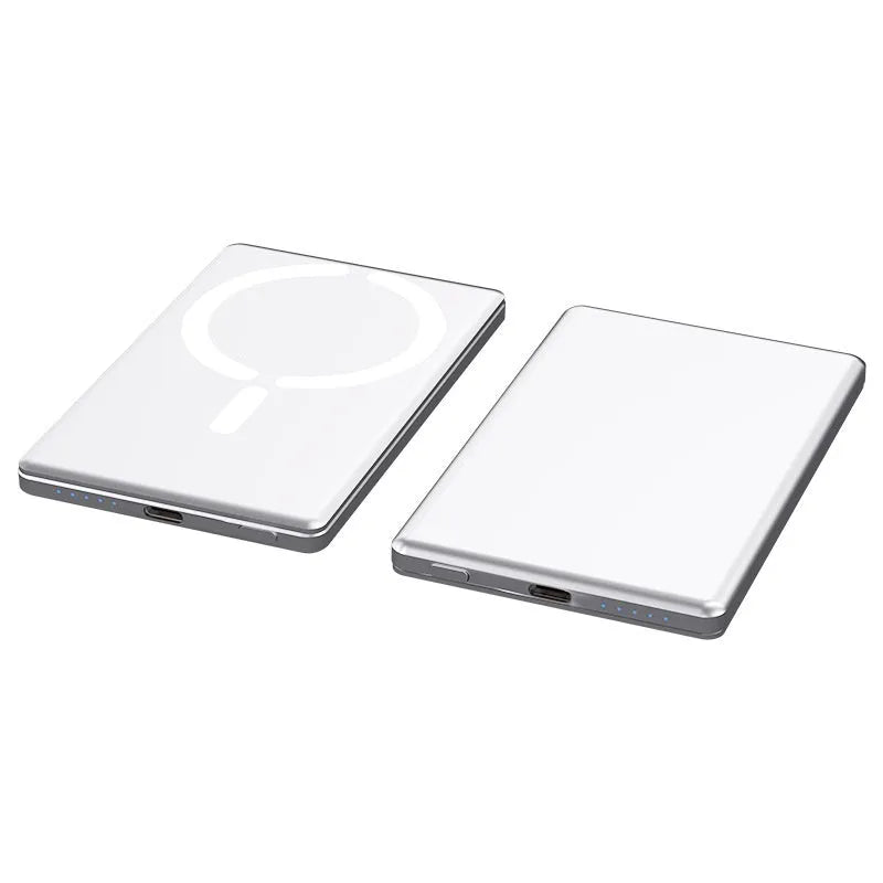 Ultra-thin magnetic power bank in dark grey colour with alloy shell showing dimensions