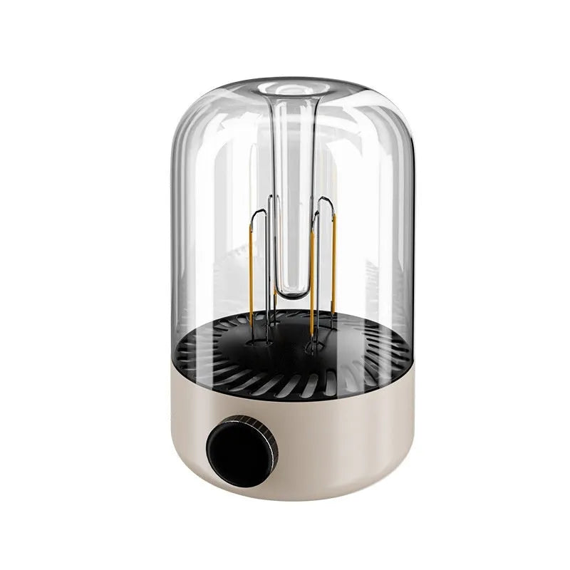 Beige and black camping ambience light with knob control, USB port, and dual lamp beads
