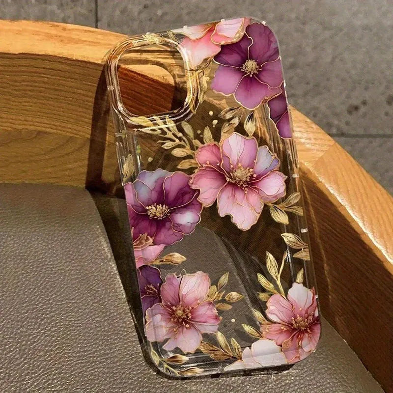 Purple flowers phone case with air spring shockproof TPU cover, transparent frosted finish, fits iPhone 12 Pro Max.