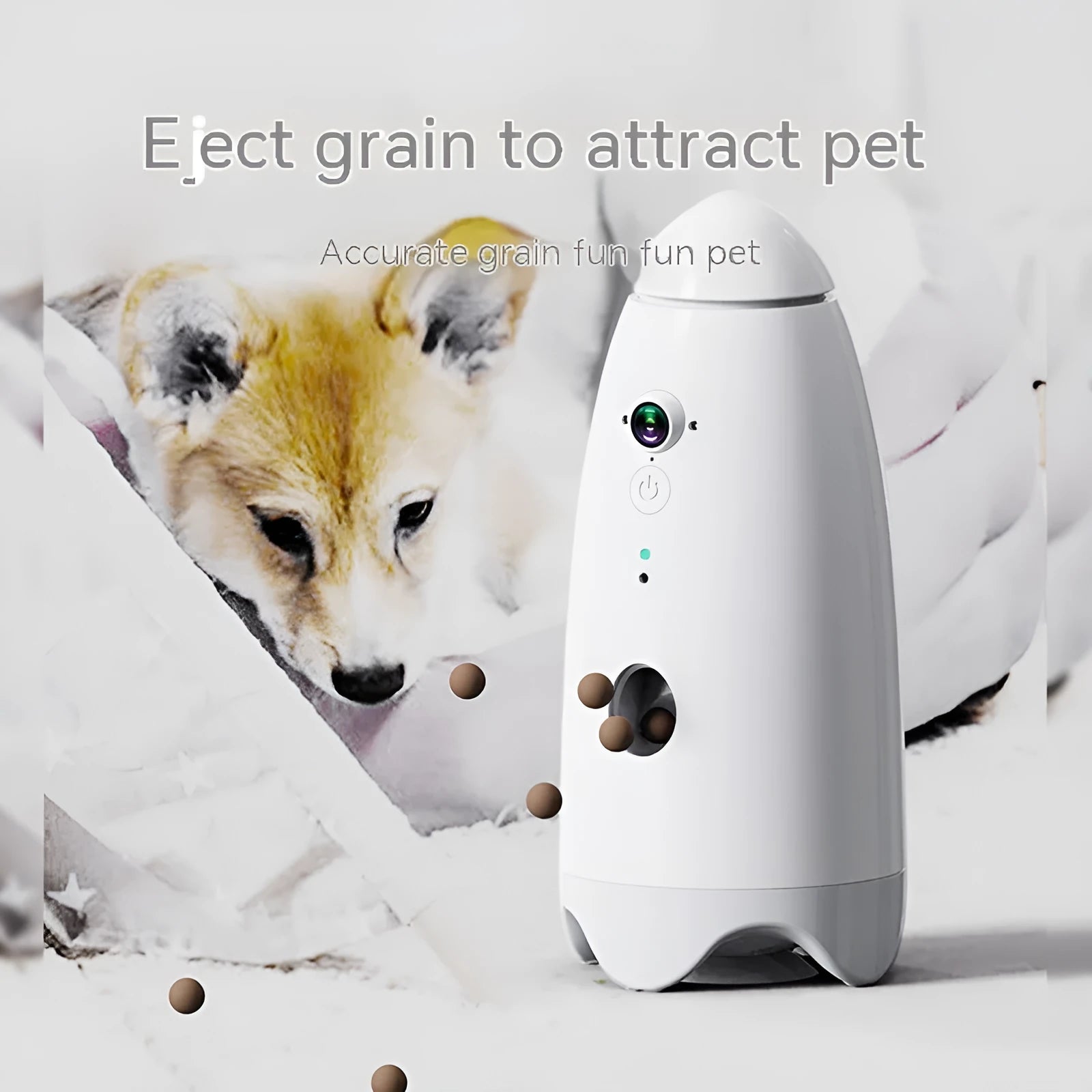 Smart pet feeder in white with built-in camera and APP remote control for dogs and cats, size 270mm by 120mm