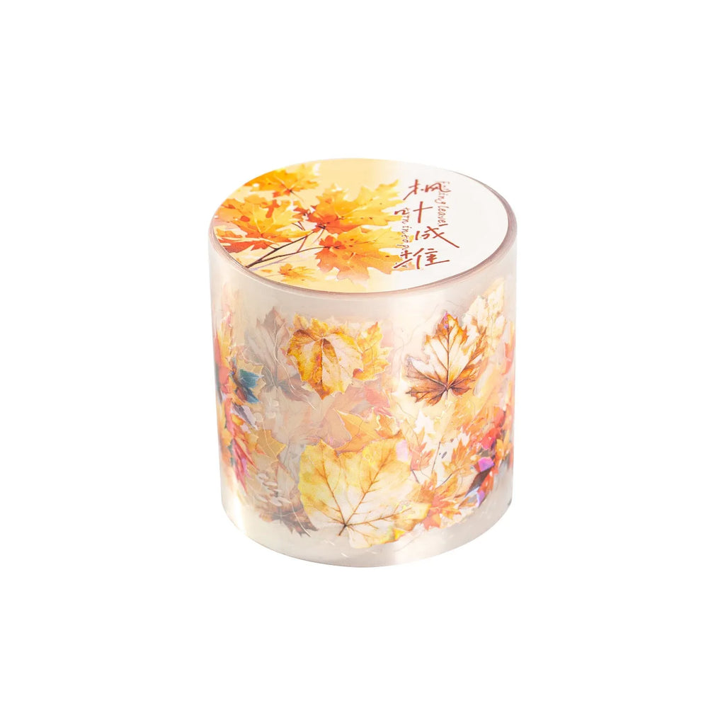 Deciduous Poetry Series decorative sticker roll showing six nature designs including ginkgo and maple leaves.