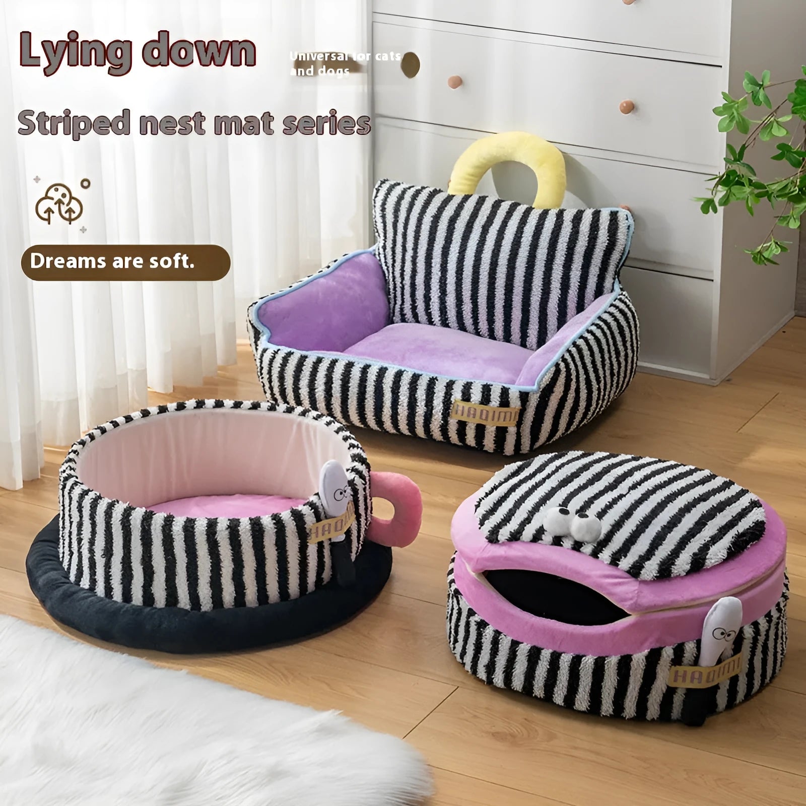 Striped pet kennel three-piece set showing sofa nest, big mouth nest and teacup nest with super soft fabric