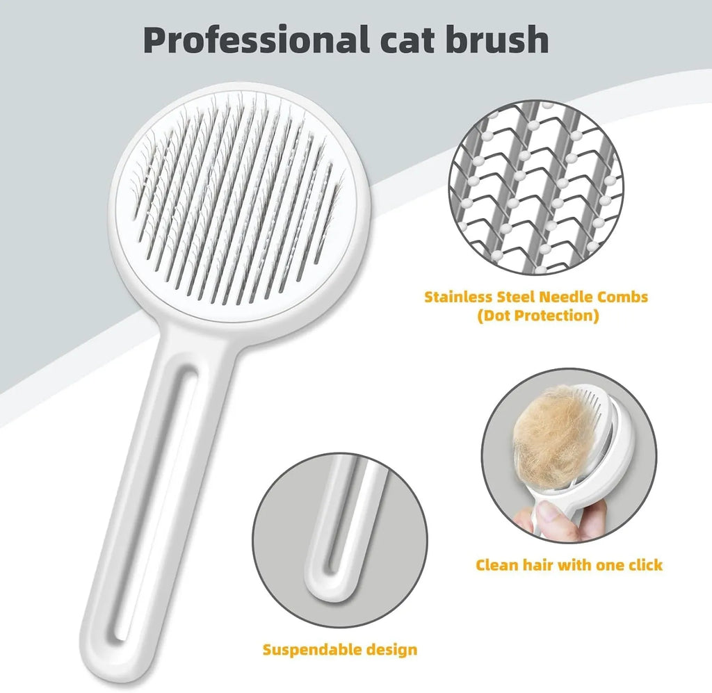 Yellow cat brush with release button, round rubber-tipped pins and stainless steel wire bristles