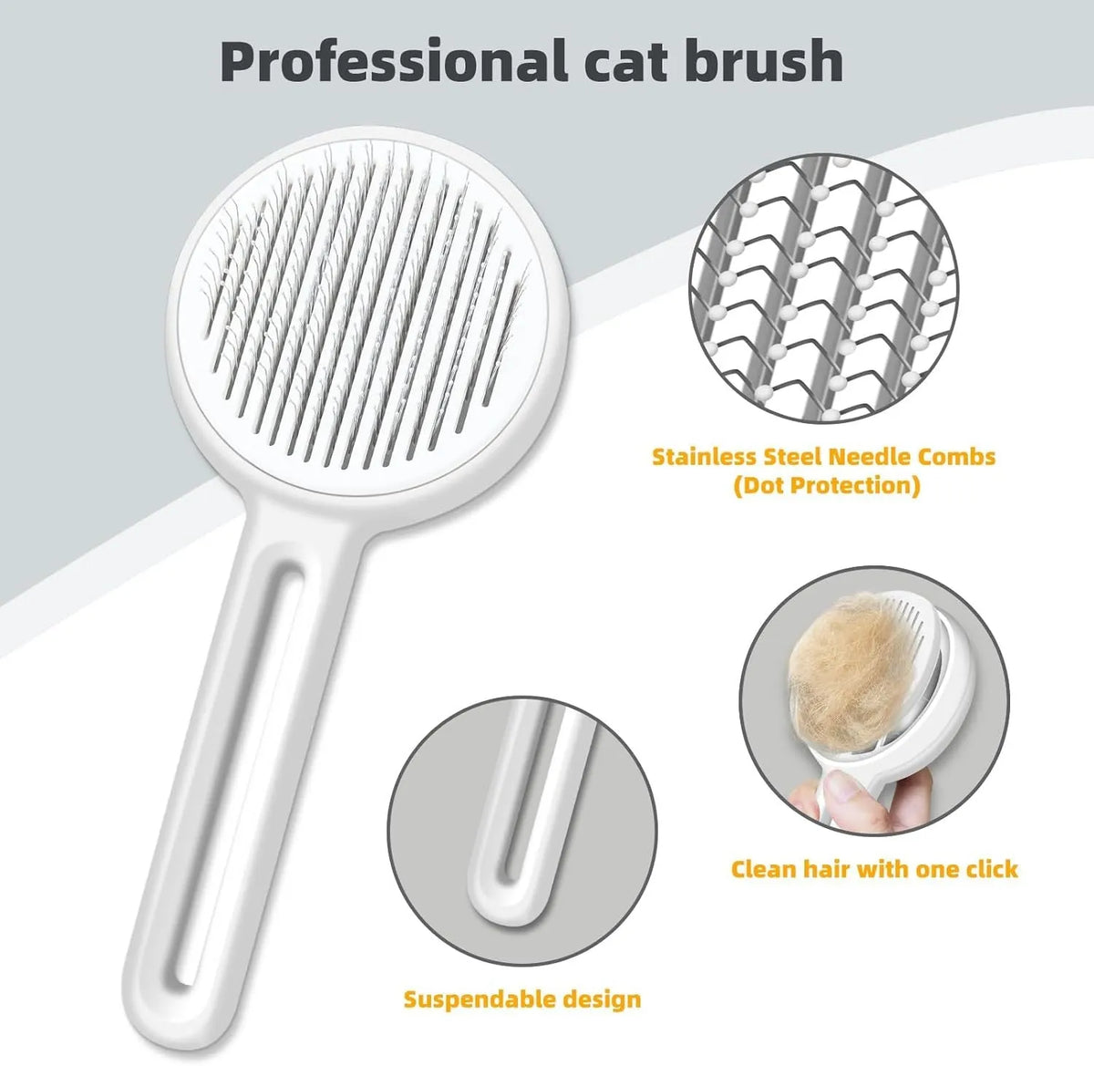 Yellow cat brush with release button, round rubber-tipped pins and stainless steel wire bristles
