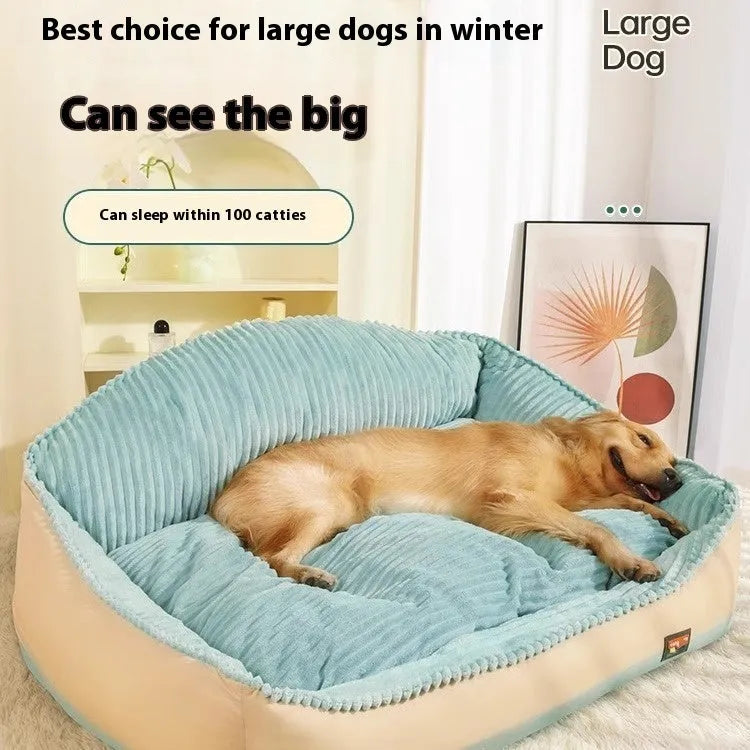 Large grey washable sofa dog bed mat with removable cover on a sofa.