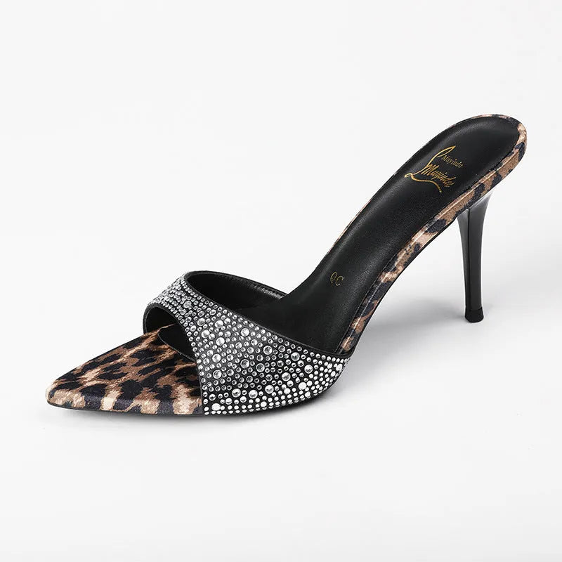 Black women's pointed toe stiletto sandals with 8cm heels and rhinestone detailing on microfiber upper