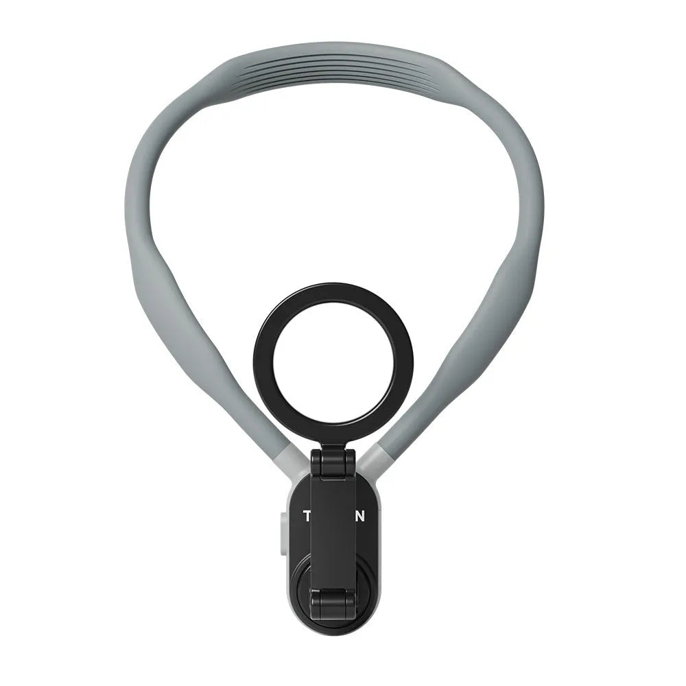 Grey silicone magnetic phone neck mount with quick release mechanism and anti-release rope