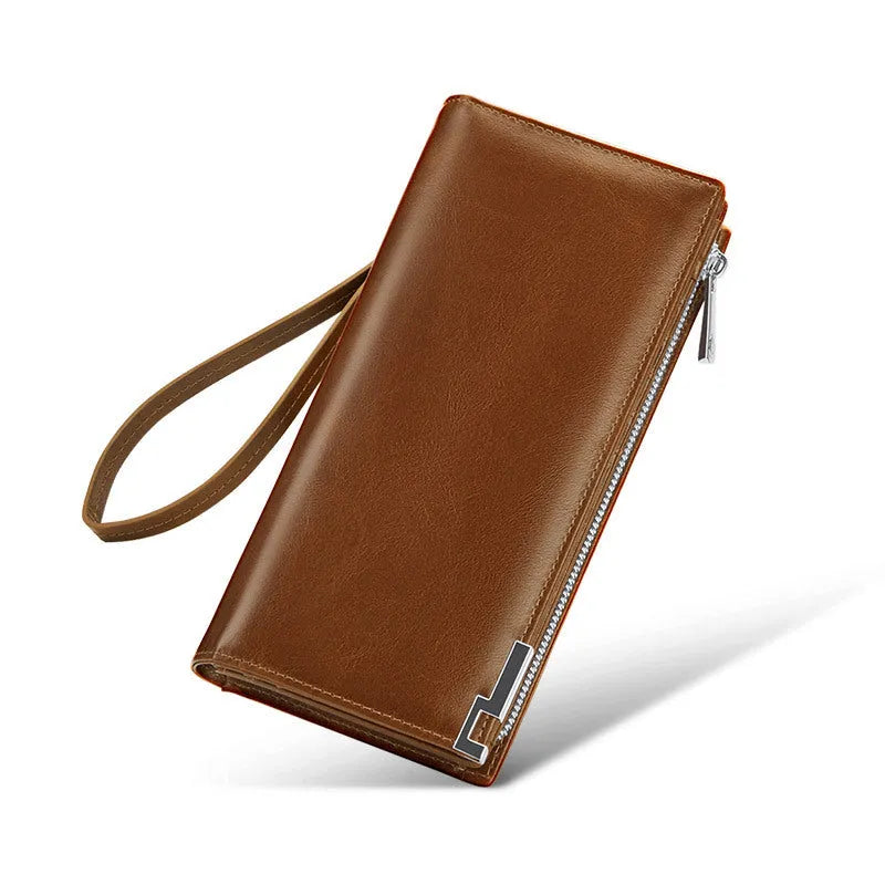 Brown solid colour cowhide leather wallet with contrast stitching laid open showing card slots and cash compartment
