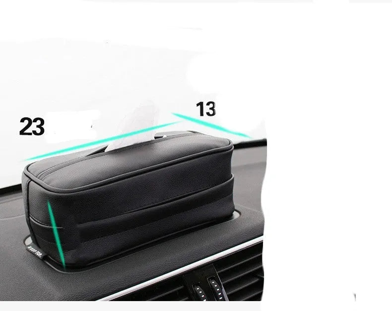 Black PU leather hanging storage box or bag with dimensions shown for car organisation.