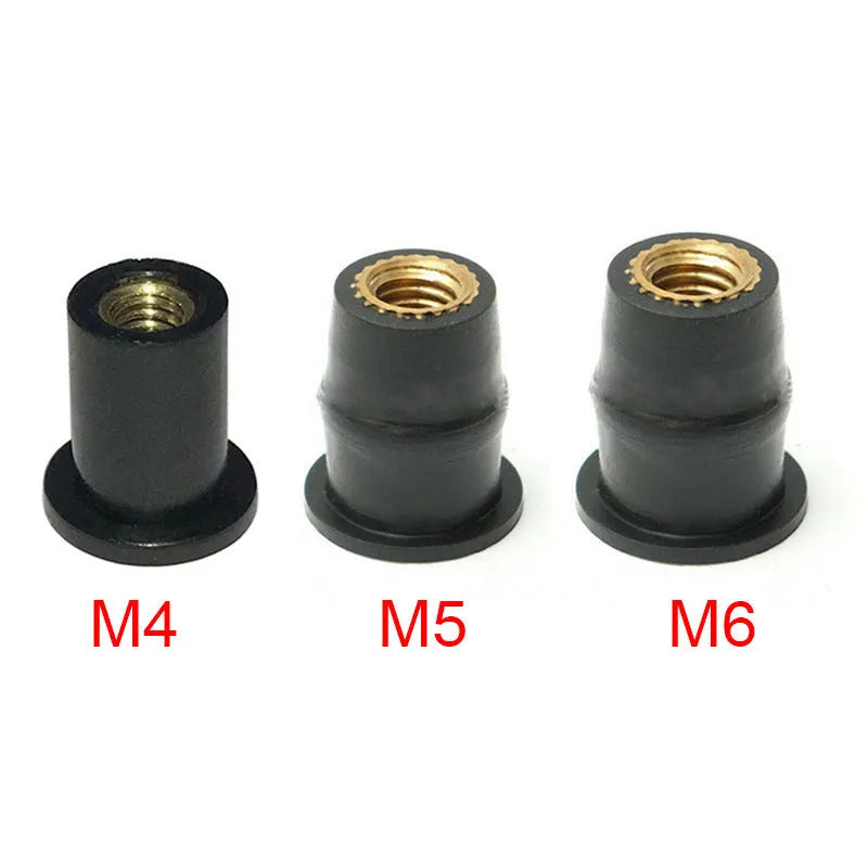 Black rubber and brass expansion well nut fasteners for motorcycle mounting in M4, M5, M6 sizes.