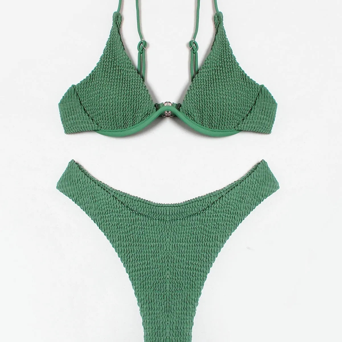 Green women's bikini swimsuit with ruffle detailing and briefs style