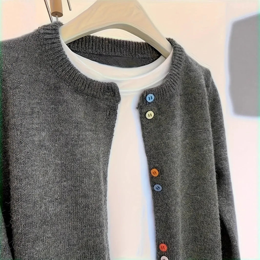 Dark grey women's polyester cardigan sweater with long sleeves and button front.