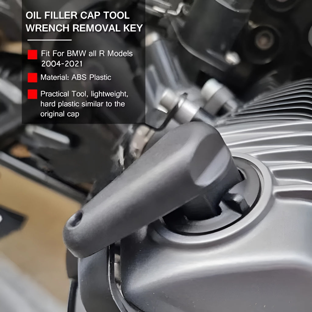 Black nylon quick-release wrench for BMW motorcycle engine oil cap on a 7x10x3cm packaging background.