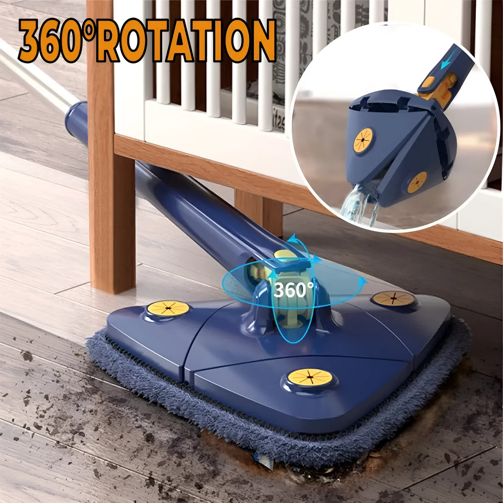 Blue extendable triangle cleaning mop with rotating head and microfiber cloth on a stainless steel pole.