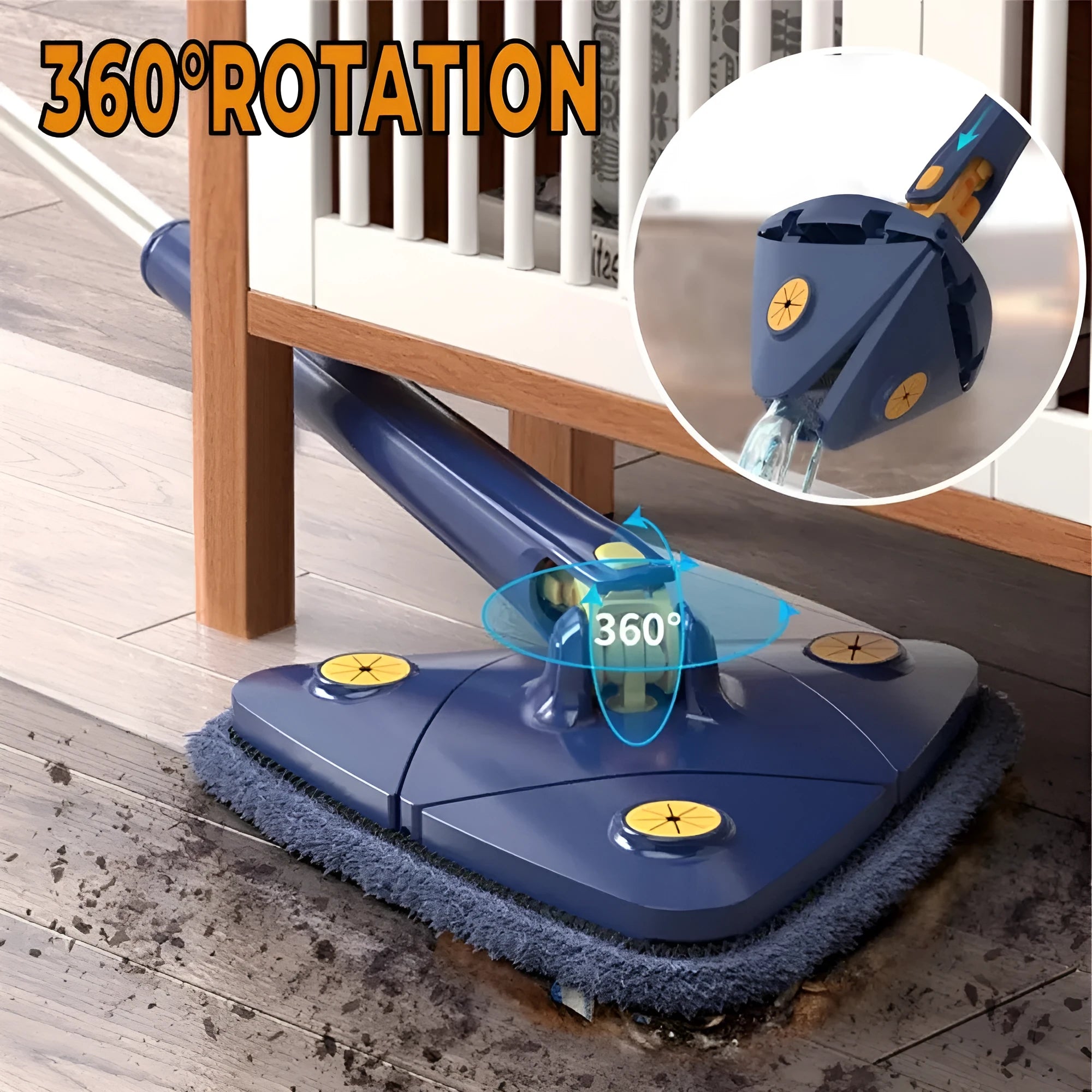 Blue extendable triangle cleaning mop with rotating head and microfiber cloth on a stainless steel pole.