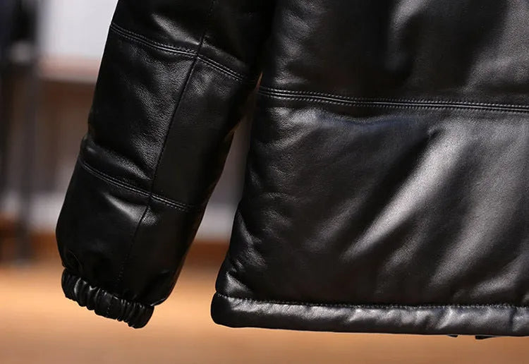 Men's black sheepskin down leather jacket with stand collar and pocket decoration