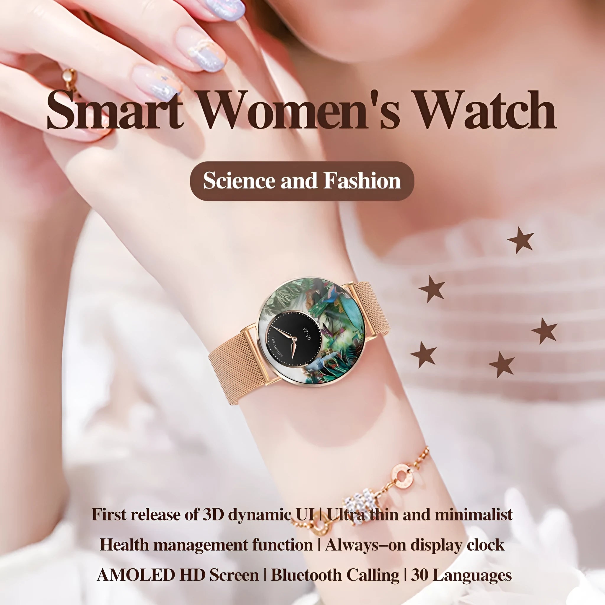 Ultra-thin aluminium alloy women's smart watch with AMOLED screen in gold steel colour showing health monitoring interface