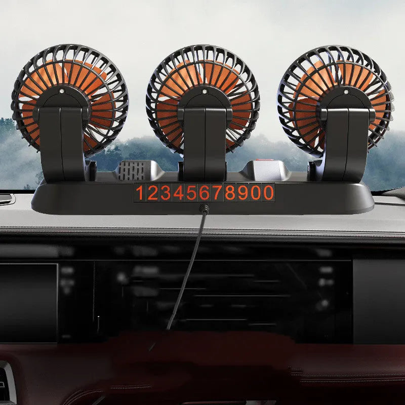 Three head automotive electric cooling fan with adjustable heads for car cabin ventilation
