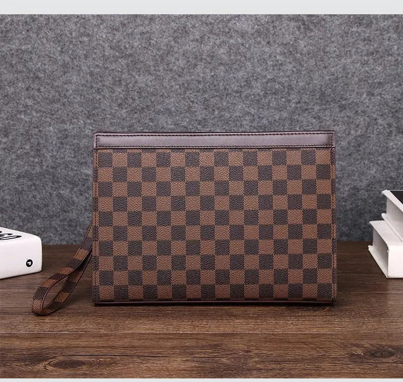 Men's genuine leather casual clutch bag in black or brown, business commute style, solid colour pattern