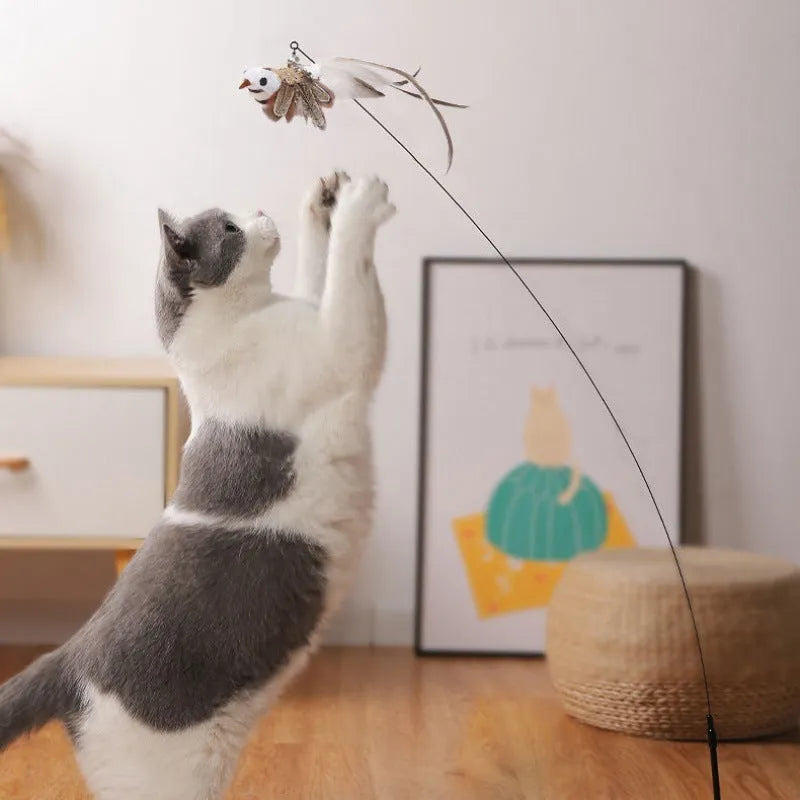 Cat teaser stick with steel wire rod and feather attachment on PVC handle