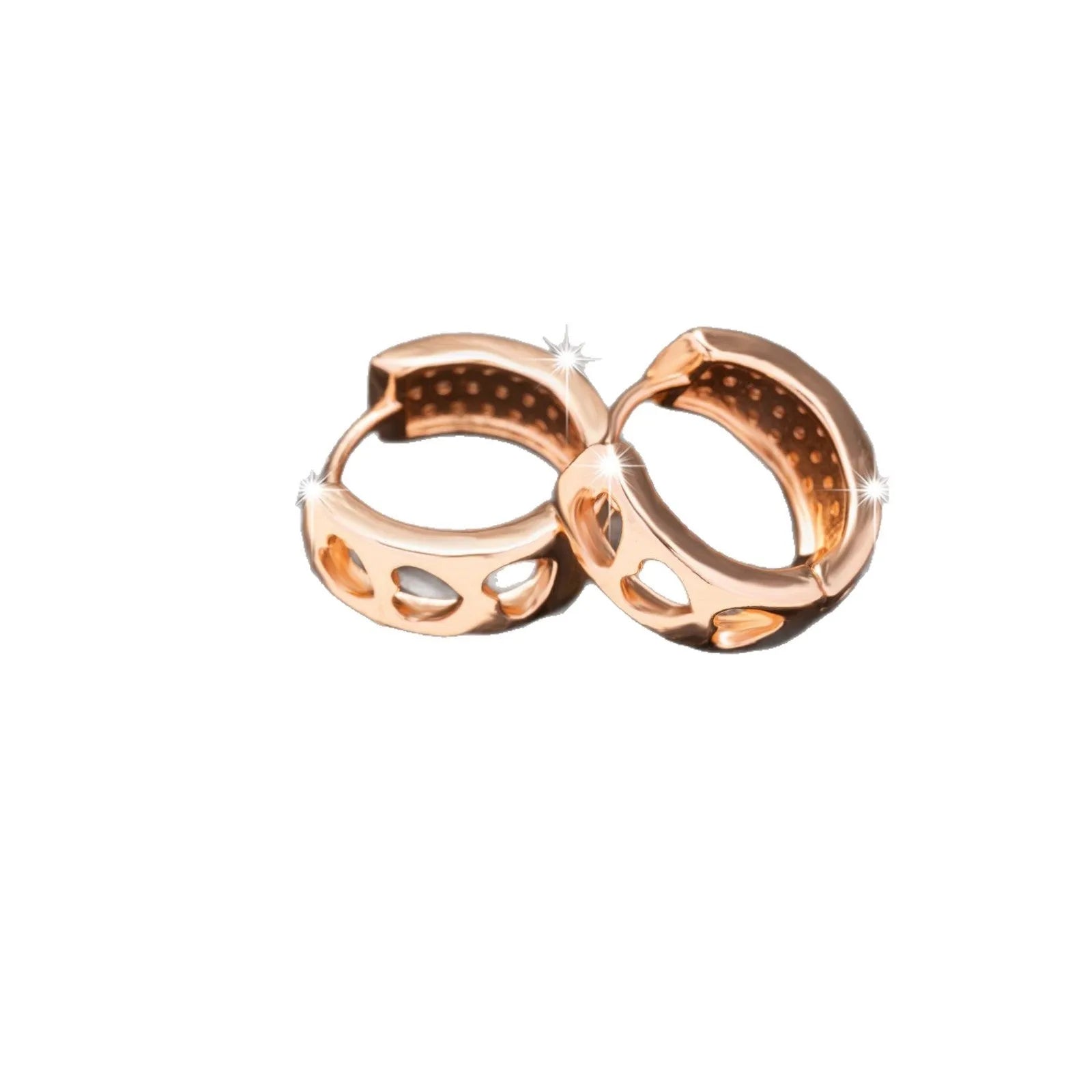 Rose gold women's earrings with a hollow heart shape featuring three cut-out sections.