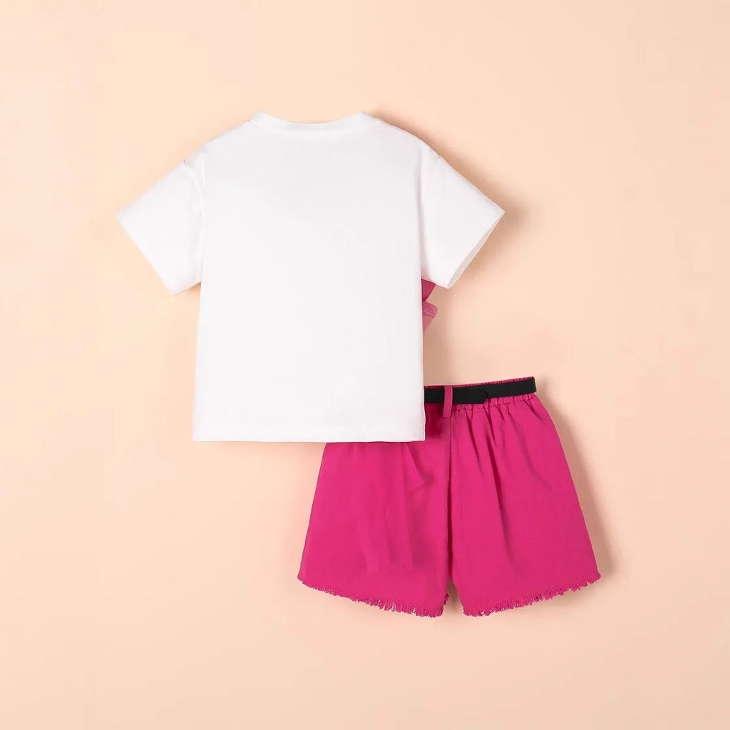 Girls rose red short-sleeved T-shirt with denim shorts and belt outfit set for 4Y to 7Y