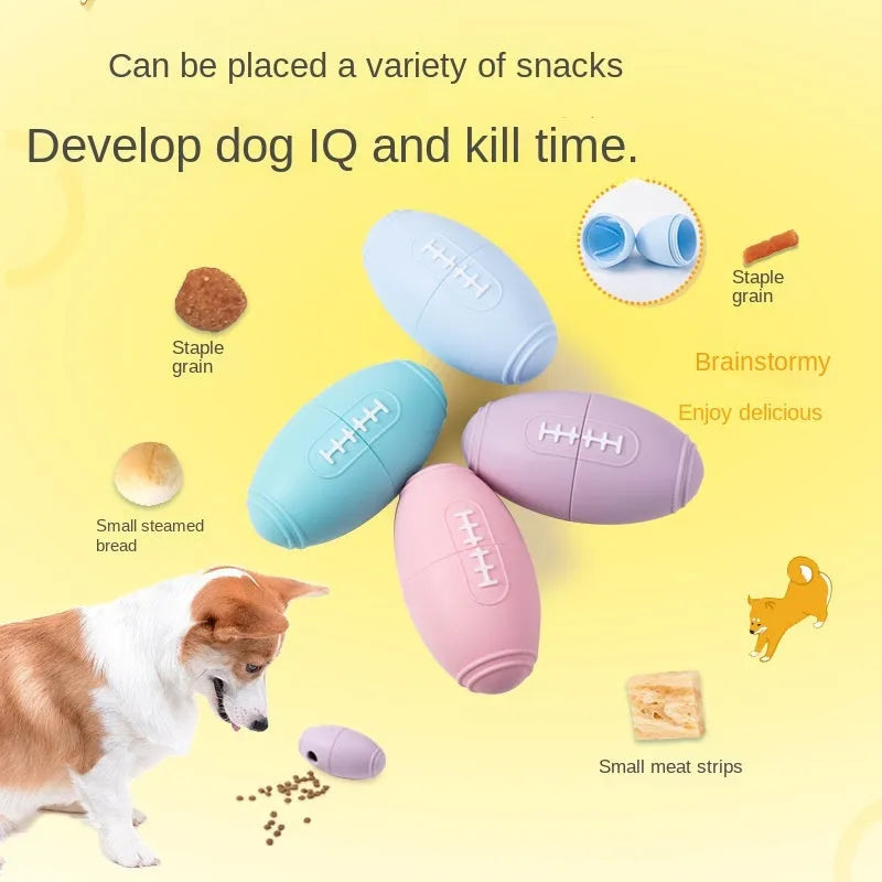 Blue silicone rugby ball dog toy with hollow treat compartment on a wooden floor