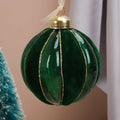 Green and yellow flocked stripes on a 80mm blown glass Christmas ball decoration with mosaic surface