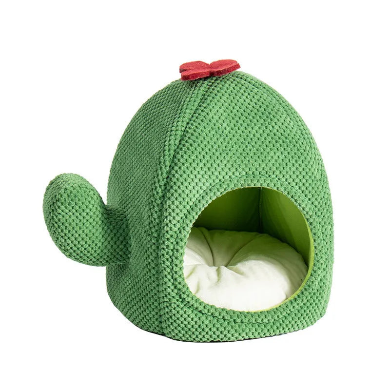 Dark green cactus-shaped enclosed cat bed with a soft interior, shown with a green accent.