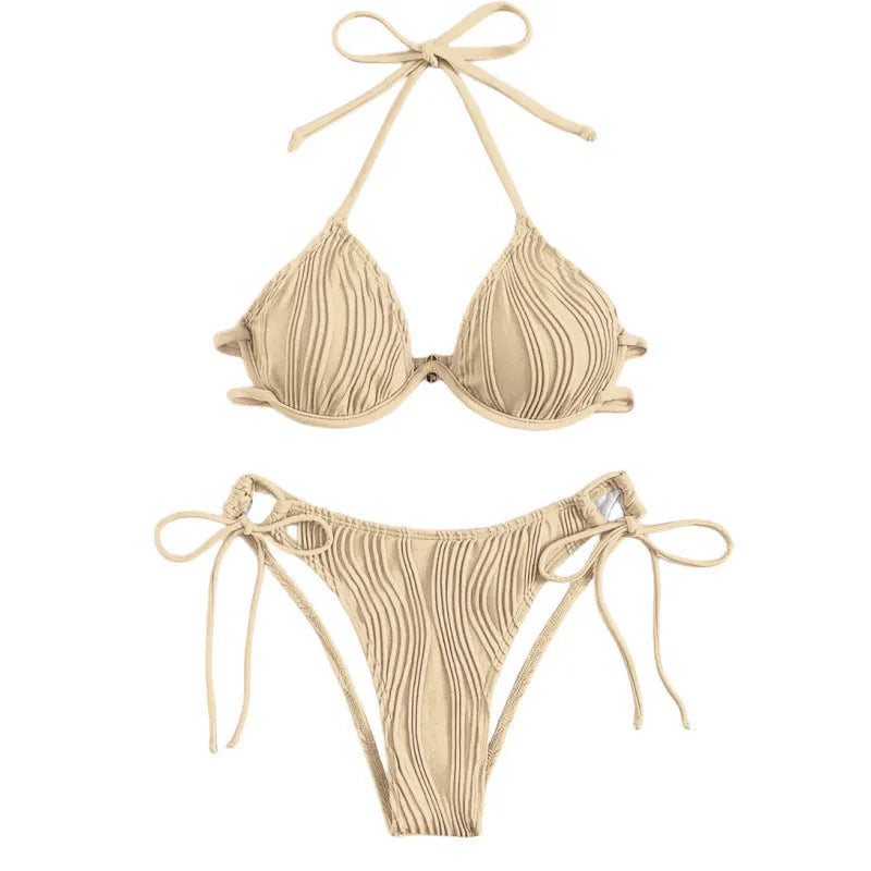 Women's apricot coloured bikini swimsuit with steel underwire bracket on a mannequin.