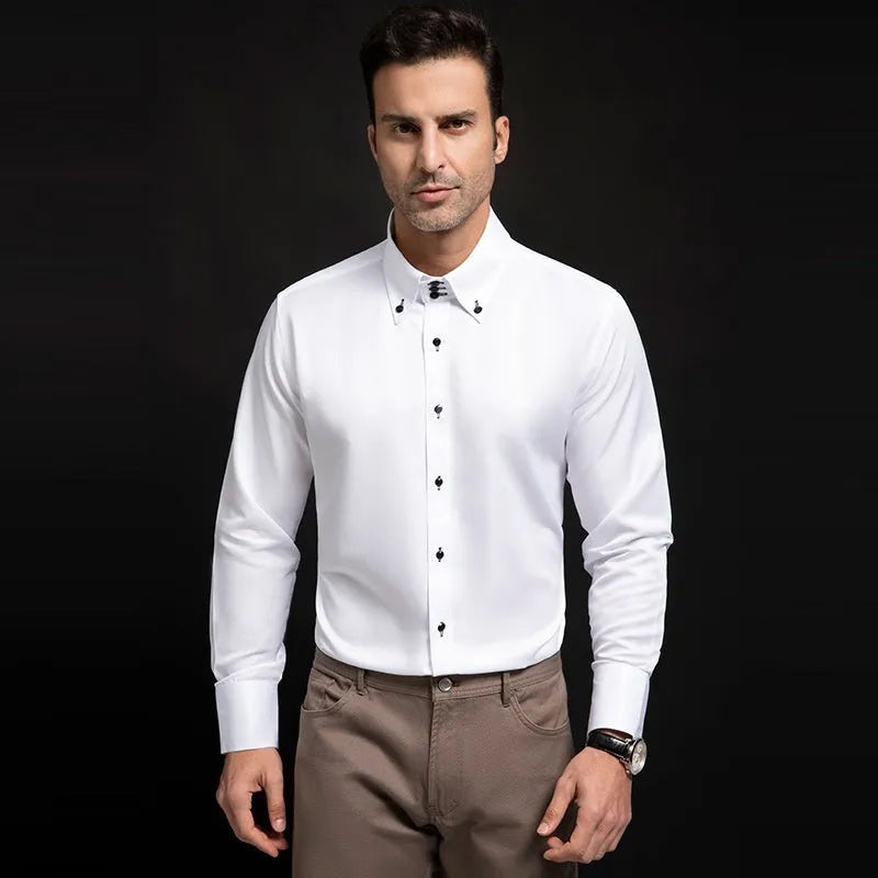 SpringAutumn men's high-neck slim fit polyester shirt with crystal buttons in solid colour