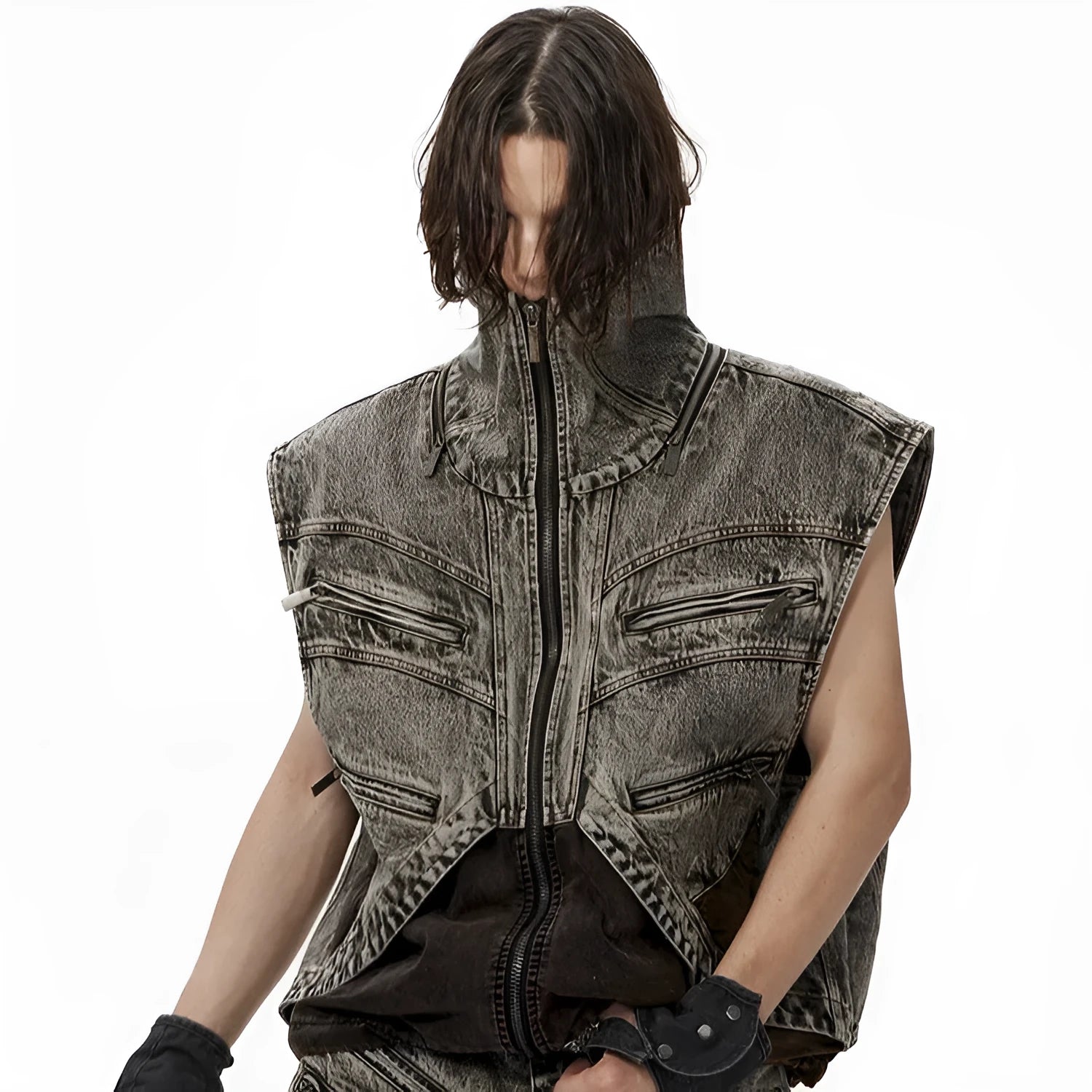 Men's sleeveless denim vest with front zipper in casual summer styling