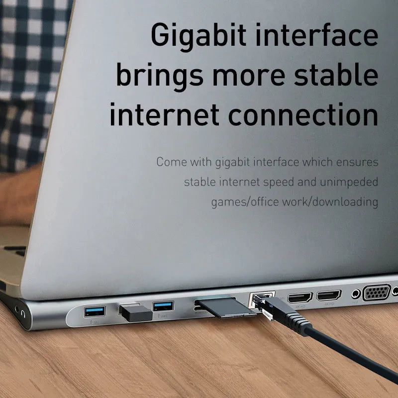 Aluminium alloy USB-C docking station with cooling bracket, ten ports including HDMI and VGA.