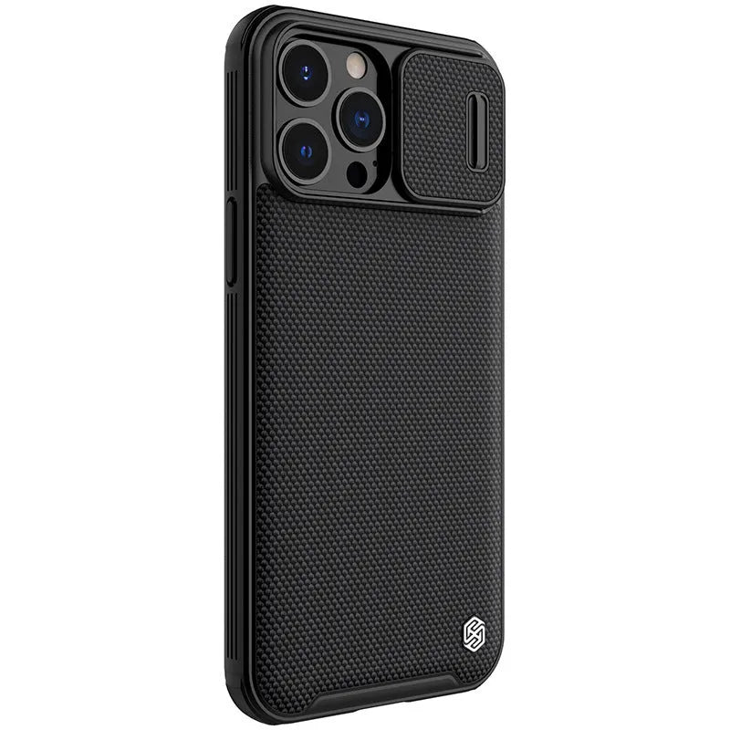 Black textured sliding back cover phone case for Apple iPhone 13 Pro Max.