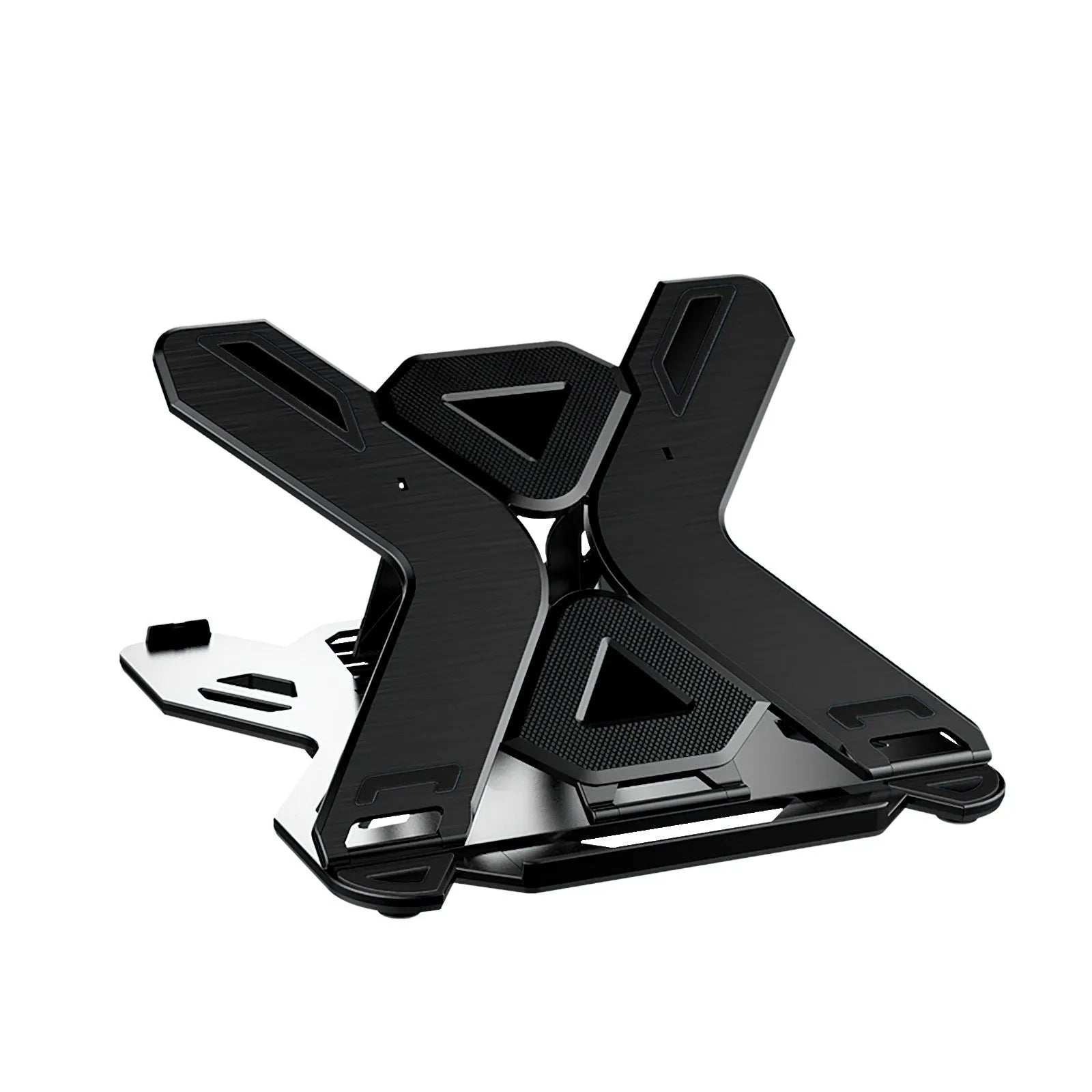Black ABS plastic laptop bracket lifting stand with a strap phone holder on a wooden desk.